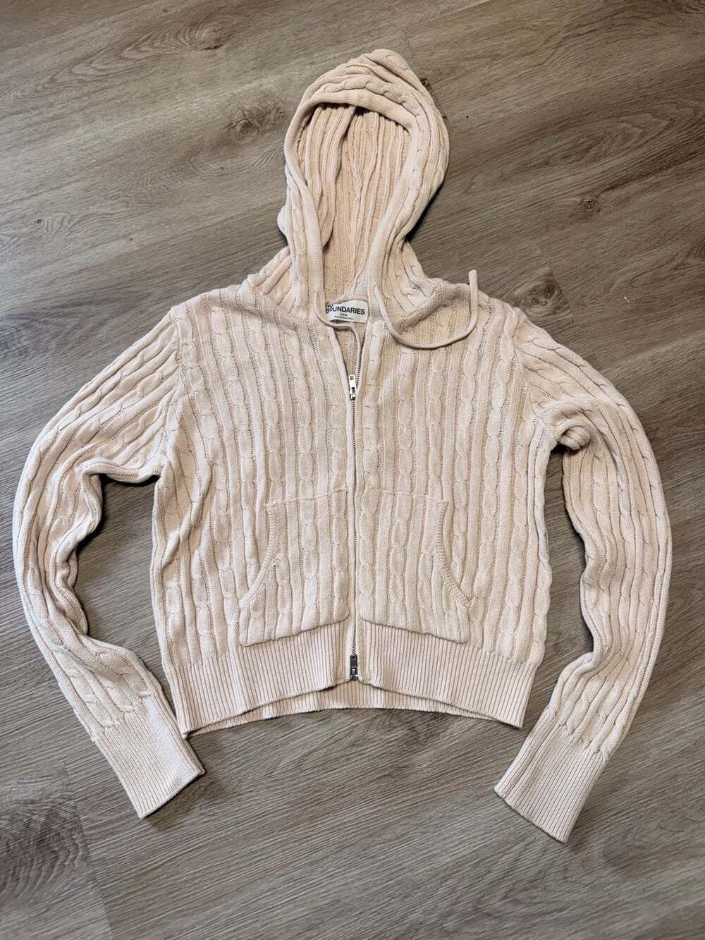 No Boundaries Women's Cable Knit Full Zip Hoodie Sweater, Beige